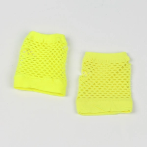 Detail of neon yellow fishnet gloves with fingerless design and elastic mesh texture