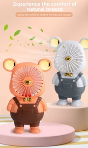 Close-up of cute cartoon bear mini fans with suspenders and golden bow tie detail