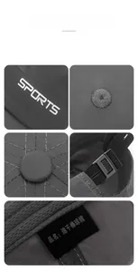 Detail of dark grey quick-dry sports cap showing mesh texture and SPORTS lettering