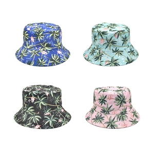 Tropical Flamingo Palm Tree Print Bucket Hat Polyester UV Protection Summer Outdoor Beach Sunshade Reversible Unisex