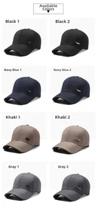 Detailansicht von Baumwoll-Baseballkappen in vier Farben mit verschiedenen Metall-Logos