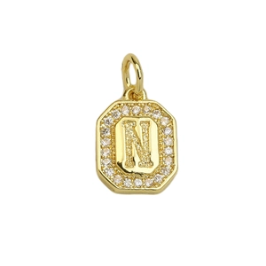 Macro view of 18k gold plated octagon pendant with letter N and zircon inlay