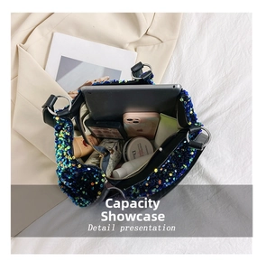 Macro view of sequin bucket bag interior showing large capacity for daily essentials