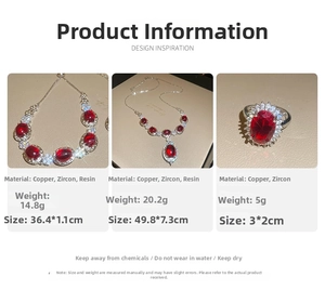 Detailed view of luxury red resin flower jewelry set with sparkling zircon inlays