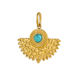 Pendentif éventail en acier inoxydable doré avec turquoise et texture martelée
