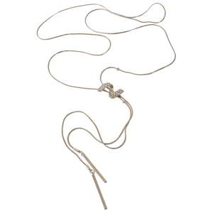 Adjustable silver Y-necklace with micro-pave ring connector and dual bar pendants