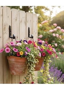 Vintage black cast iron J-hook mounted on wood fence holding two terracotta flower pots