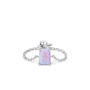 925 Sterling Silver Adjustable Chain Ring Rectangular Pink Purple Opal Elegant Minimalist Fashion Jewelry For Women