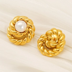 Retro Artificial Pearl Stud Earrings Stainless Steel Twisted Rope Texture Geometric Elegant Gold Plated Jewelry For Women