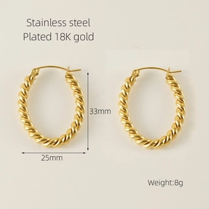 Chic 18K gold plated stainless steel twisted oval hoop earrings 33mm x 25mm dimensions