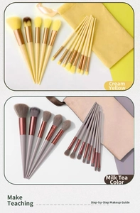 Detail view of 13 makeup brushes with soft fibers in cream yellow and milk tea colors