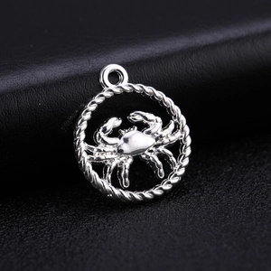 Silver alloy cancer zodiac crab pendant with braided circular frame and glossy finish