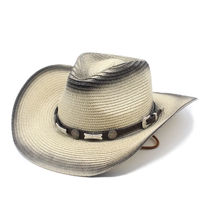 Western Cowboy Straw Hat Woven Paper Sun Protection Wide Brim Beach Hat With Leather Band Metal Star For Men Women