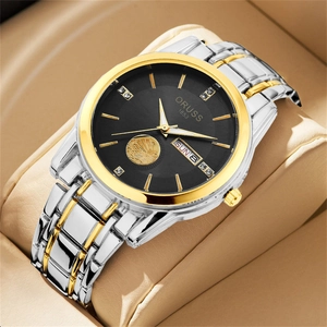 Detail of ORUSS 1853 watch dial with day-date window and embossed sailing pattern