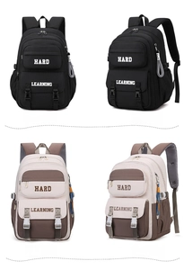 Detail view of school backpack featuring contrast pockets and Hard Learning print