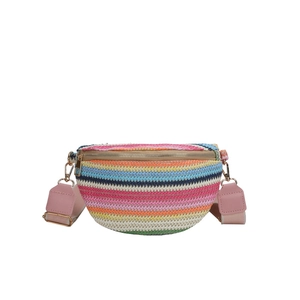Bohemian colorful woven belt bag with broad strap and vibrant holiday stripes