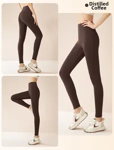 Detailed views of high-waist yoga leggings in distilled coffee brown with matte finish