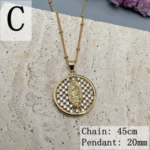 Detailed close-up of 20mm Guadalupe pendant on a 45cm gold chain with zircon inlay