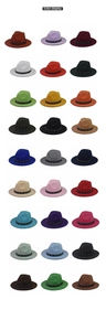 Detailed color display of wool fedora hats with blue gemstone and metal chain decorations