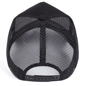 Detailed back view of black trucker hat showing breathable mesh and adjustable snapback closure