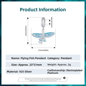 Detailed size chart for the s925 silver flying fish pendant with precise measurements