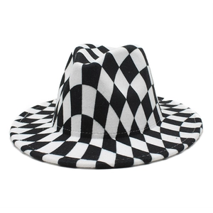 Fedora Hat Woolen Felt Checkerboard Pattern Wide Brim Pinched Crown Retro Streetwear Jazz Style For Men Women Unisex
