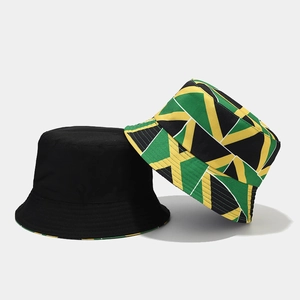 Close-up of black and geometric tricolor canvas bucket hats with flat top design