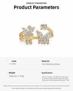 Detailed specs of S925 sterling silver butterfly ring with 18K gold and 5A marquise zircon