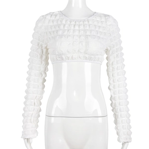 White long sleeve crop top with popcorn bubble texture on mannequin