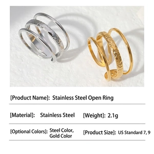 Three-layer hammered and polished stainless steel open ring in gold and steel finish