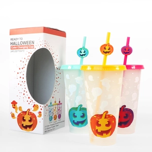 Plastic Color Changing Cold Drink Cups Halloween Ghost Pumpkin Patterns With Straw And Silicone Topper Festival Gift