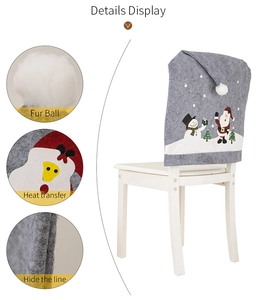 Detailed view of gray Christmas chair cover showing fur ball and heat transfer pattern