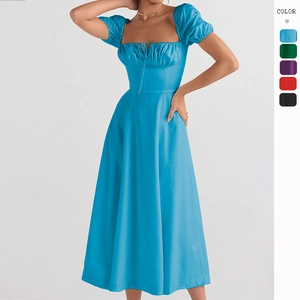 Women Midi Dress Polyester Square Neck Puff Sleeve High Waist Split Hem French Retro Elegant Solid Color Slimming