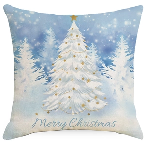 Housse de coussin de Noël bleue et dorée avec sapin blanc et texte Merry Christmas
