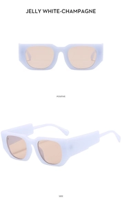 Detail view of square jelly white sunglasses with champagne lenses from two angles
