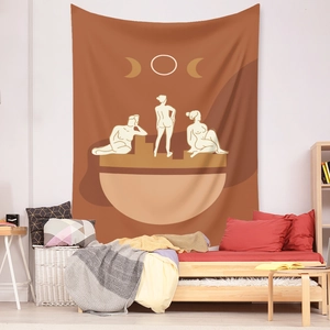 Detail view of Bohemian tapestry with celestial feminine line art on a bedroom wall