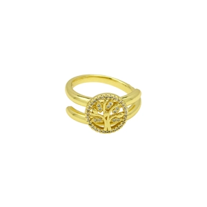 Detailed macro shot of 18k gold plated Tree of Life open ring with cubic zirconia