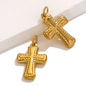 Textured gold cross pendants with beaded edges for DIY necklace and jewelry making