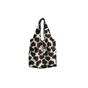 Corduroy heart print tote bag with love woven label in minimalist Korean fashion style