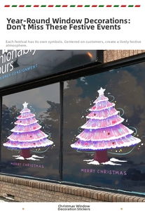 Pink Christmas tree window sticker with white snow and Merry Christmas text on glass shop door