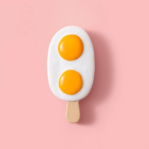 Macro detail of creative resin popsicle fridge magnet with yellow fried egg design on pink background