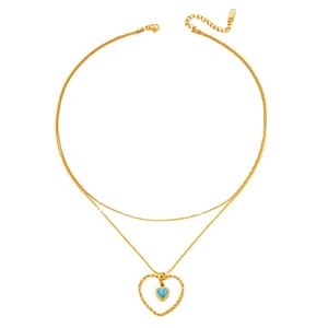 Collier double couche en acier inoxydable doré avec cœur évidé et pierre bleue
