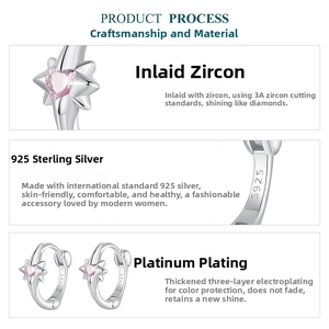 Detailed views of S925 silver star earring with pink heart zircon and hallmark