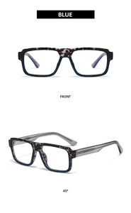 Detail view of square blue tortoiseshell eyeglass frames showing front and 45-degree angle
