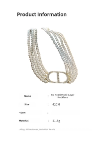 Detail showing the layered pearl necklace structure with a crystal-encrusted CD pendant