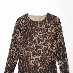Slim fit leopard print dress with round neck and long sleeves on white background
