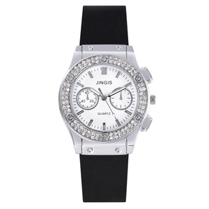Luxury rhinestone quartz watch for men and women with black silicone strap and silver case