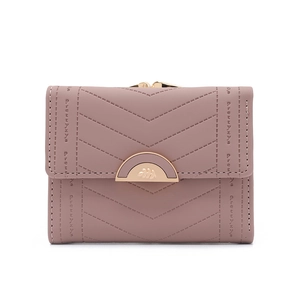Pink quilted trifold wallet with gold buckle and kiss-lock closure in PU leather
