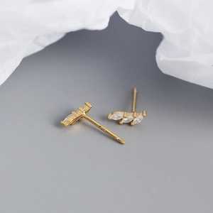Elegant gold plated S925 silver stud earrings with marquise cut zircon stones