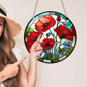Hanging acrylic suncatcher with vibrant red poppy flowers and a durable metal chain